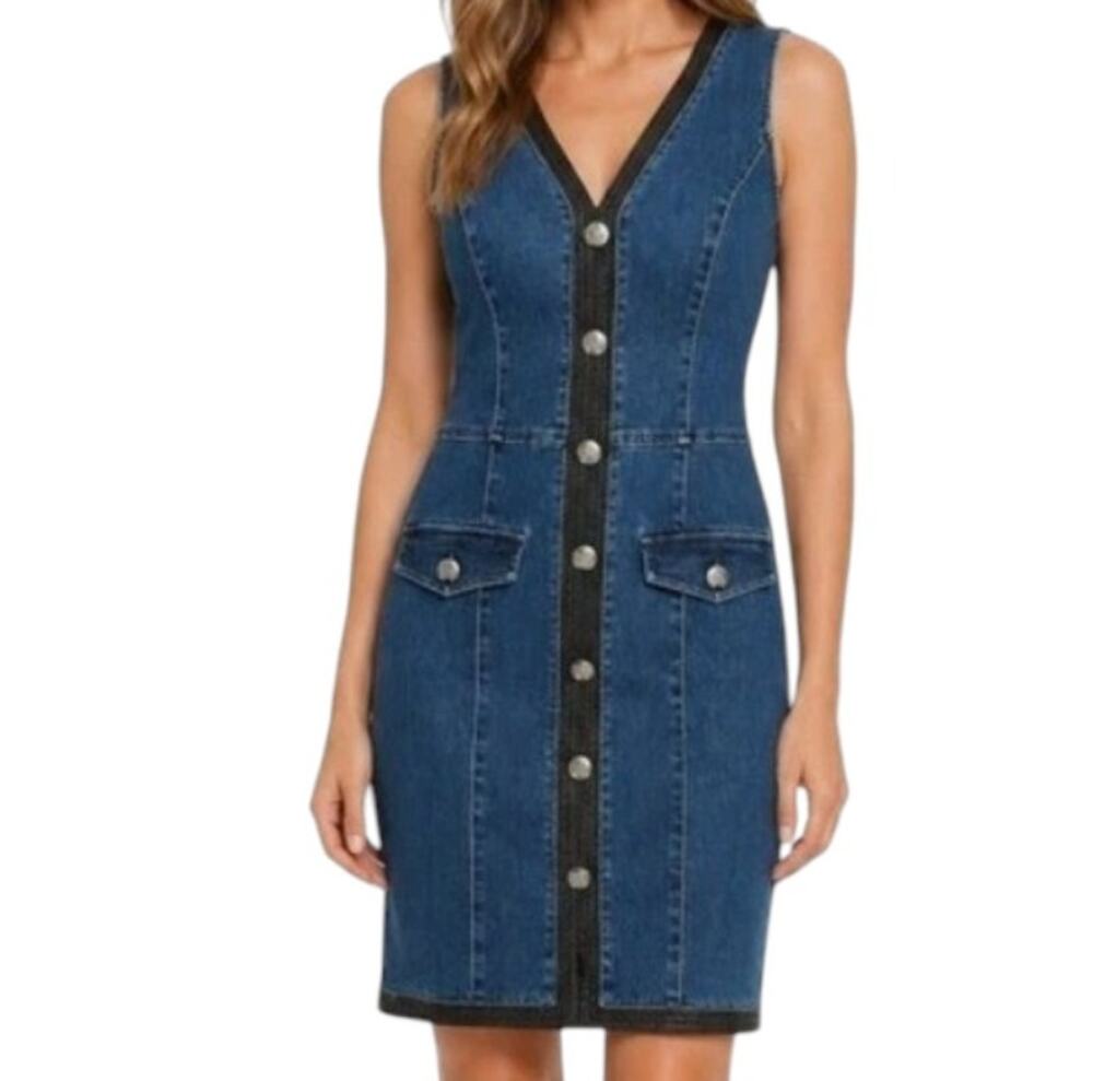 White House Black Market Women's Size 4 Denim Faux Leather Trim Jean Dress